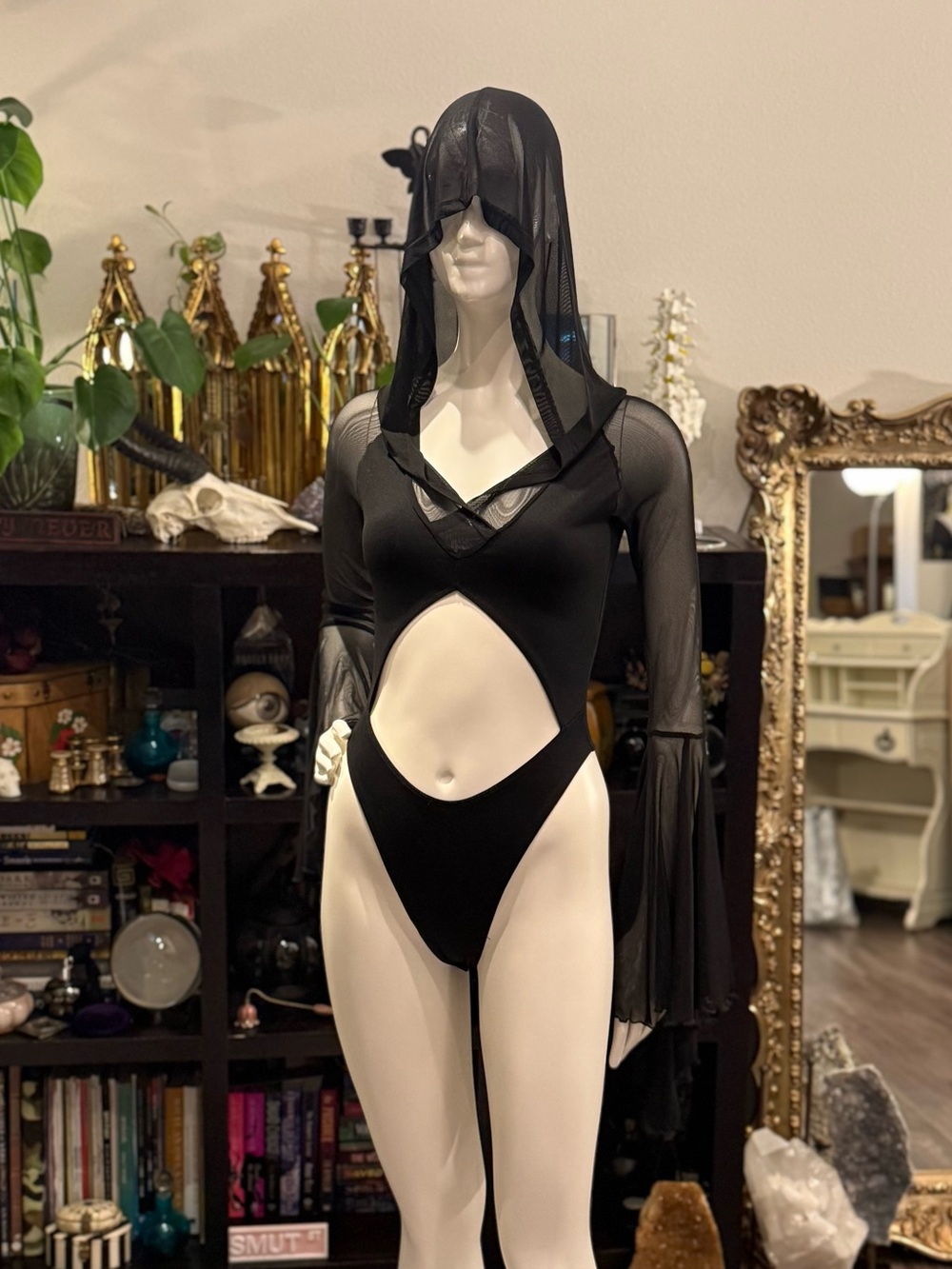WIDOW Black Mesh Hooded Cutout Bodysuit